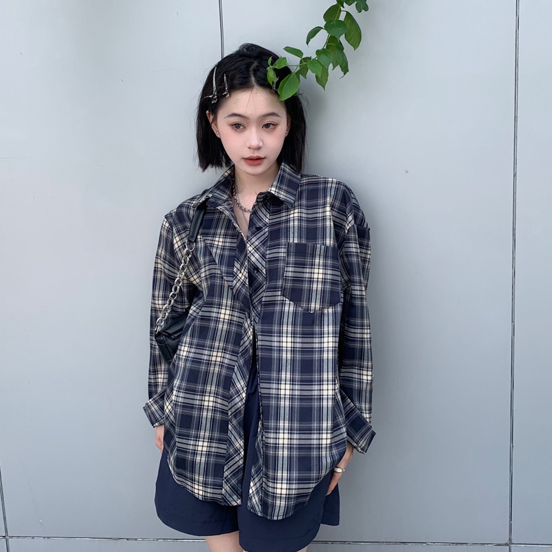 SUXI Áo Sơ Mi Caro Tay Dài Dáng Rộng Trẻ Trung Phong Cách Vintage Hàn Quốc
