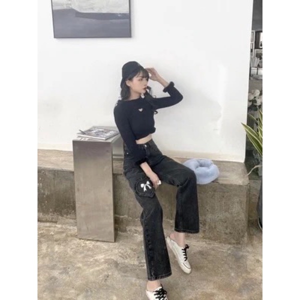 Quần jeans suông ống đứng đen xám thêu nơ