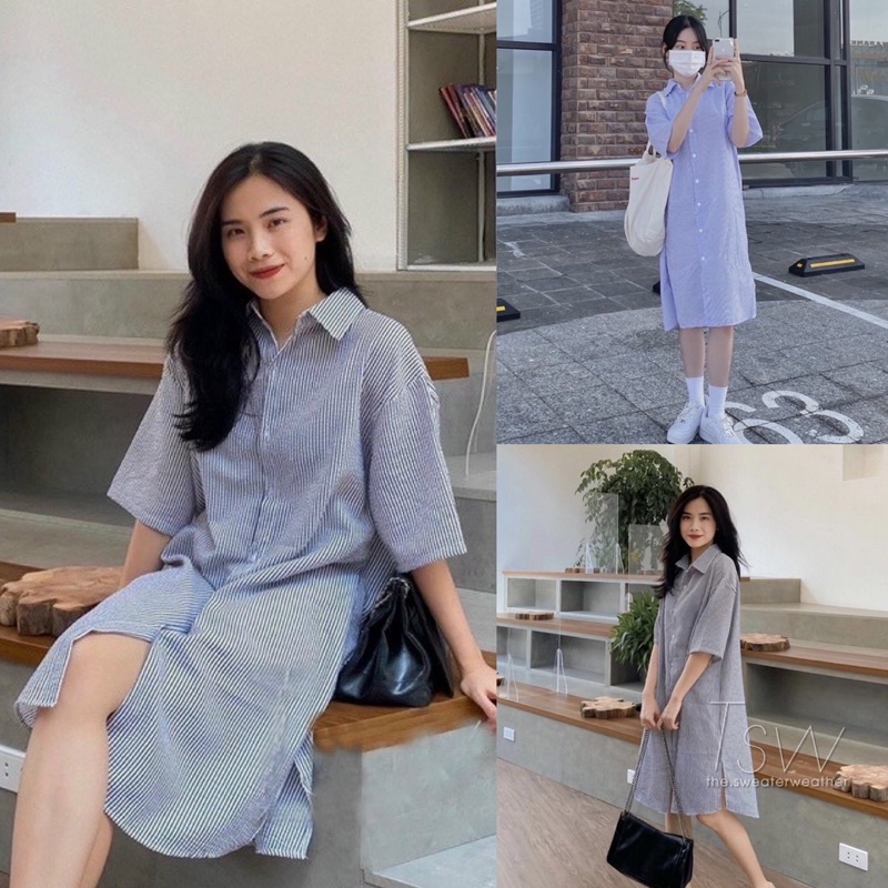 [Ảnh thật/video] Váy sơmi kẻ suông tay lửng Hàn Quốc chất xốp lạ mắt