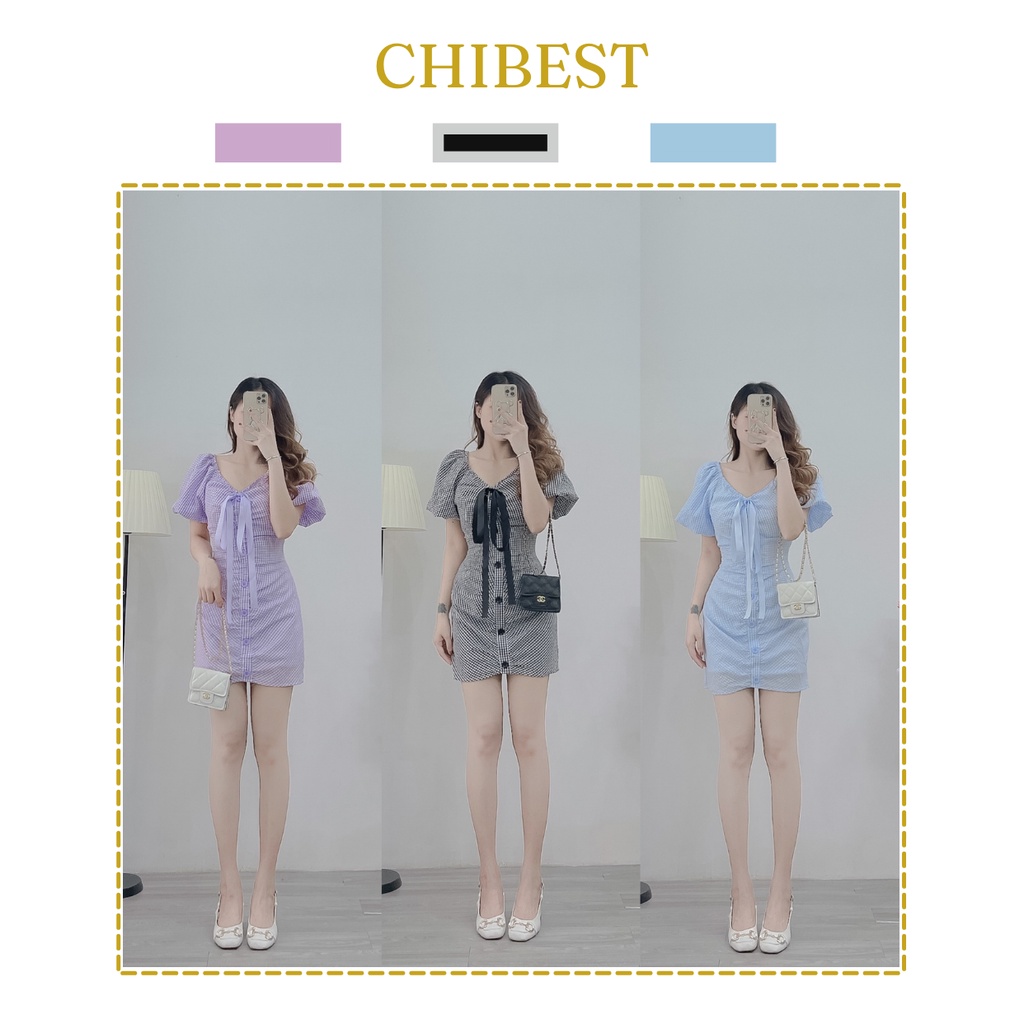 Đầm body caro nhún thân tay phồng phối nơ ngực CHIBEST ADB87