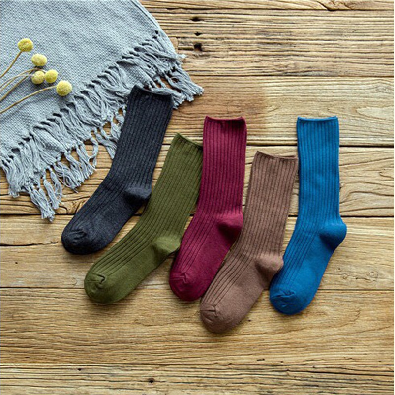 Set 5 đôi tất cổ cao Bivota vớ nữ Hàn Quốc cotton len gân vintage T62