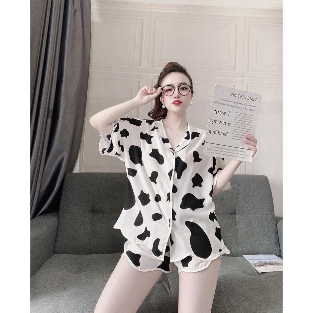 Đồ Bộ Mặc Nhà, Bộ Ngủ Pijama Đùi Chất Lụa Họa Tiết Bò Sữa Lai Gợn Sóng Cách Điệu, Form Chuẩn Size < 75kg Mặc Thoải Mái.