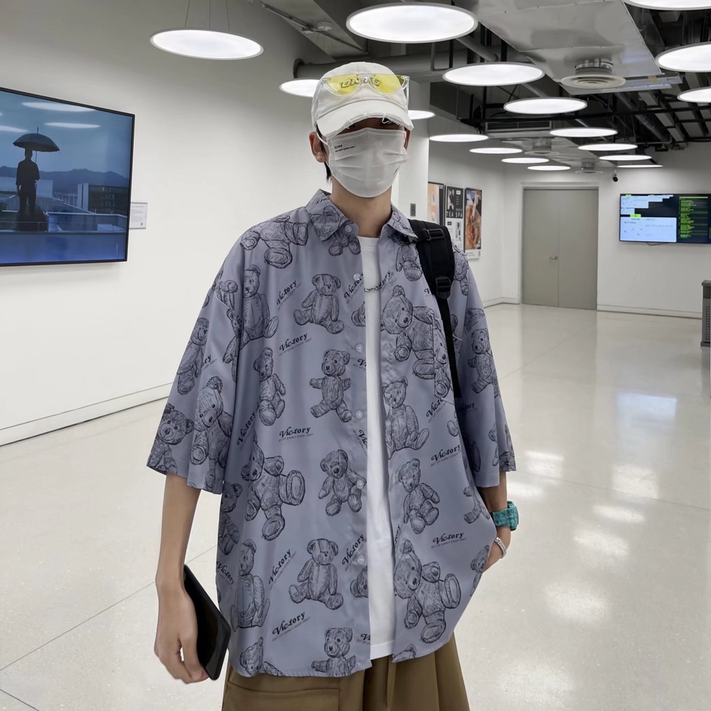 Short Sleeve Shirt With Cartoon Bear Pattern High Quality Korean Style Summer Fashion 2022 For Men