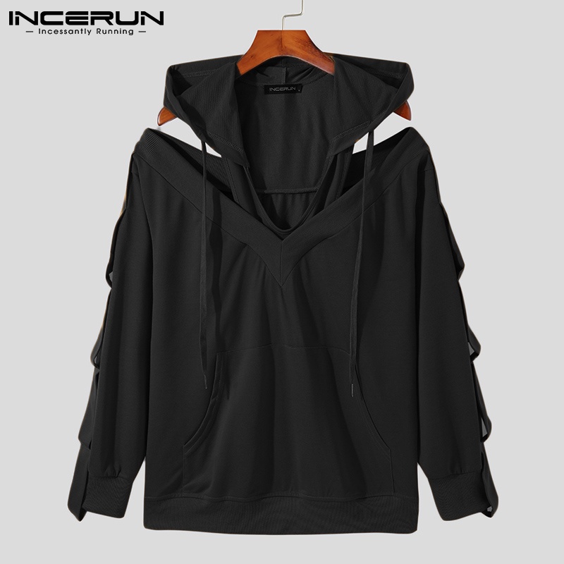 Áo sweatshirt INCERUN tay dài thiết kế khoét lỗ thời trang màu trơn có mũ trùm cho nam