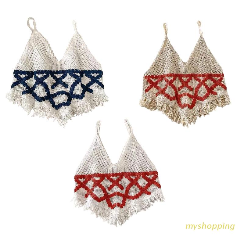 Áo croptop hai dây cổ chữ V sâu họa tiết kẻ sọc phong cách boho quyến rũ cho nữ