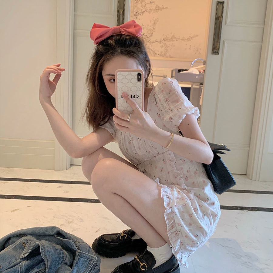 Đầm voan tay phồng in họa tiết hoa thời trang mùa hè mới cho nữ 2021