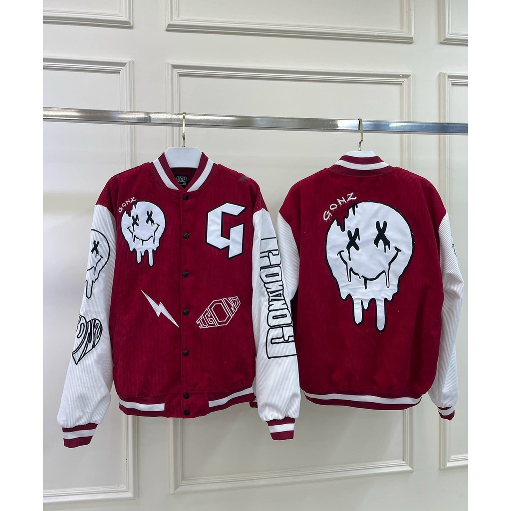 Áo khoác nhung kiểu bomber thêu hình icon mặt cười, Áo jacket varsity unisex nam nữ mẫu mới hot trend