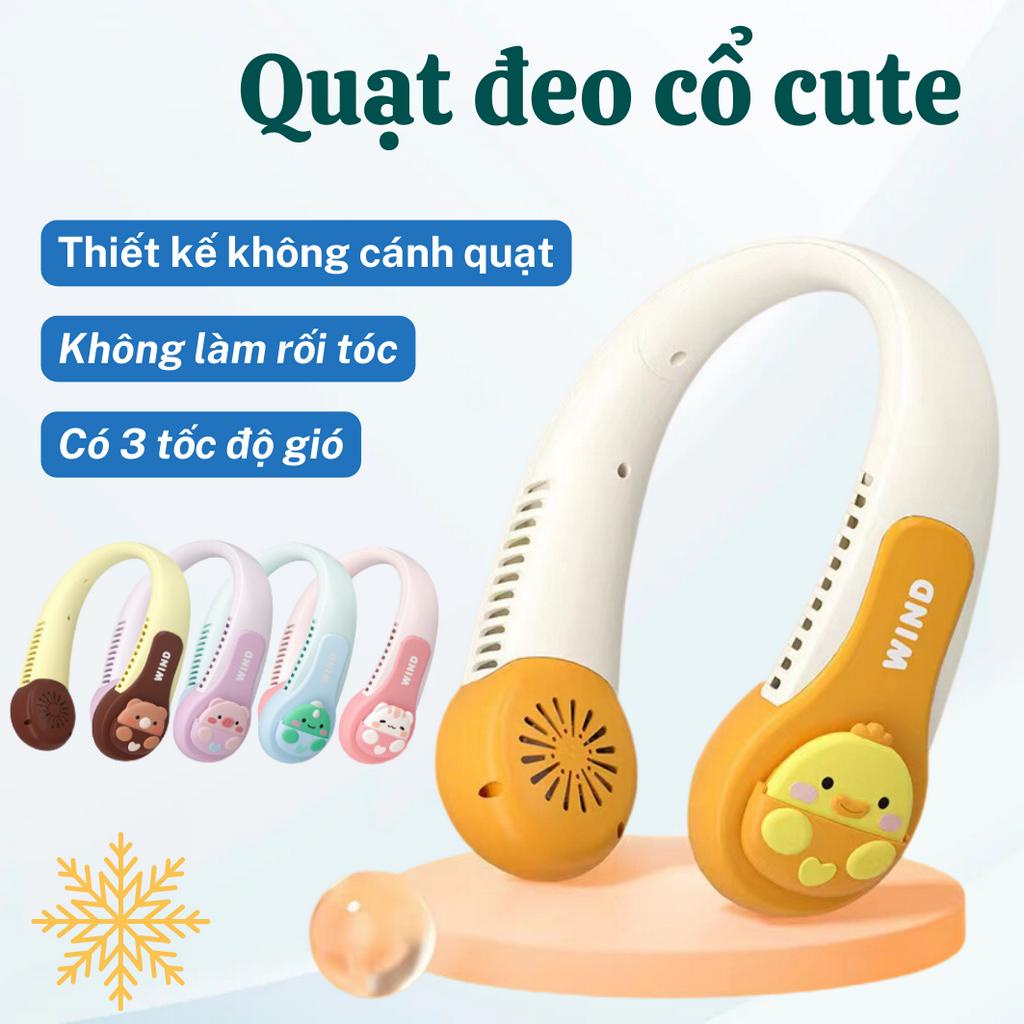 Quạt đeo cổ mini WIND siêu mát không cánh hình thú siêu cute, Quạt mini sạc tích điện USB điện dung lượng pin lớn
