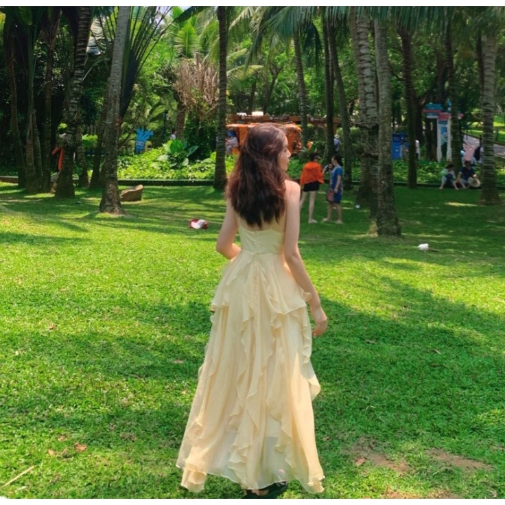 Đầm maxi hai dây xòe viền bèo, váy maxi hai dây đi biển viền bèo siêu đẹp