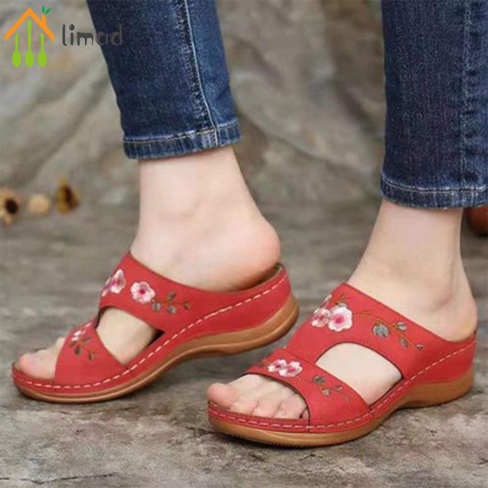 【COD】# limad Embroidery Orthopedic Comfy Flip Flop Sandals Open Toe Summer Outdoor Slippers Wedges Slippers for Women