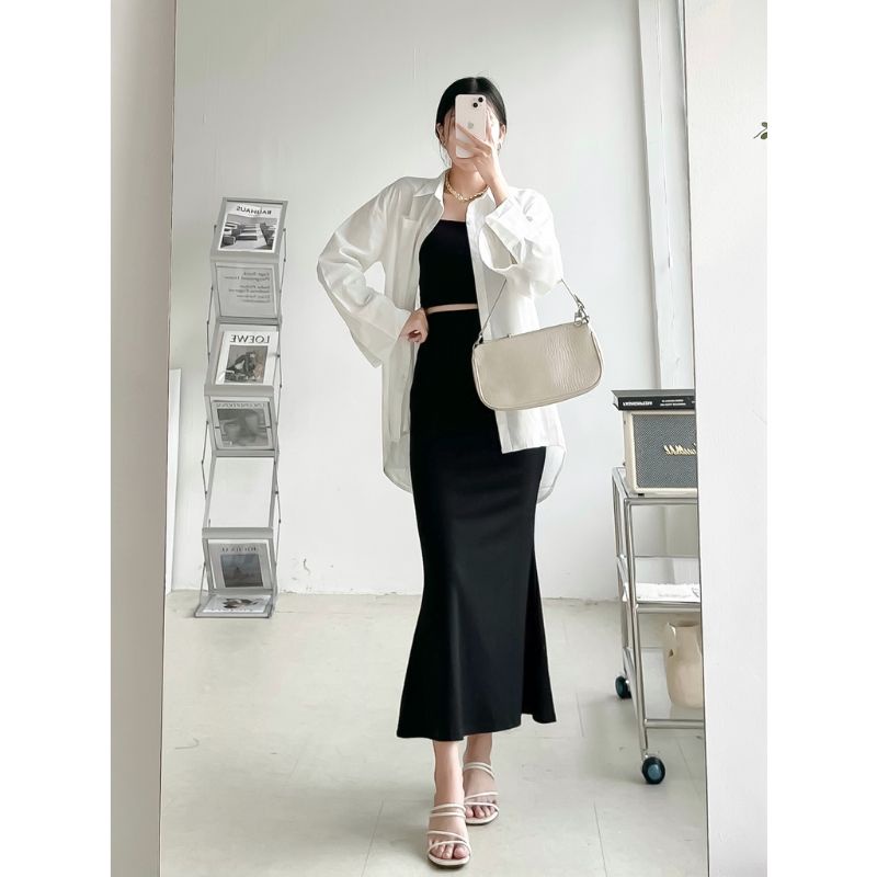 Chân Váy Đuôi Cá Dài Qua Gối Body Ulzzang Lưng Thun Hack Dáng