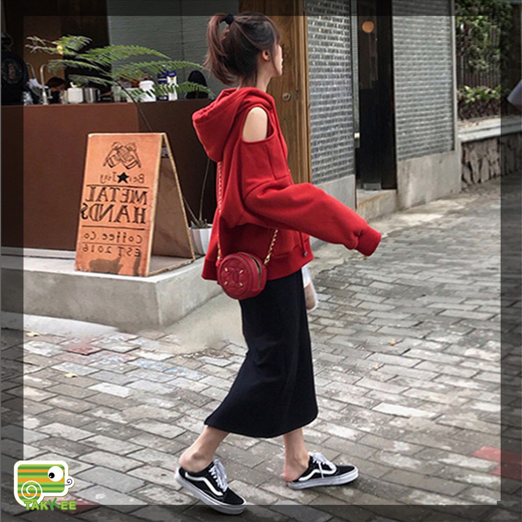 Set Áo Hoodie Hở Vai Chân Váy Len Thời Trang Hot