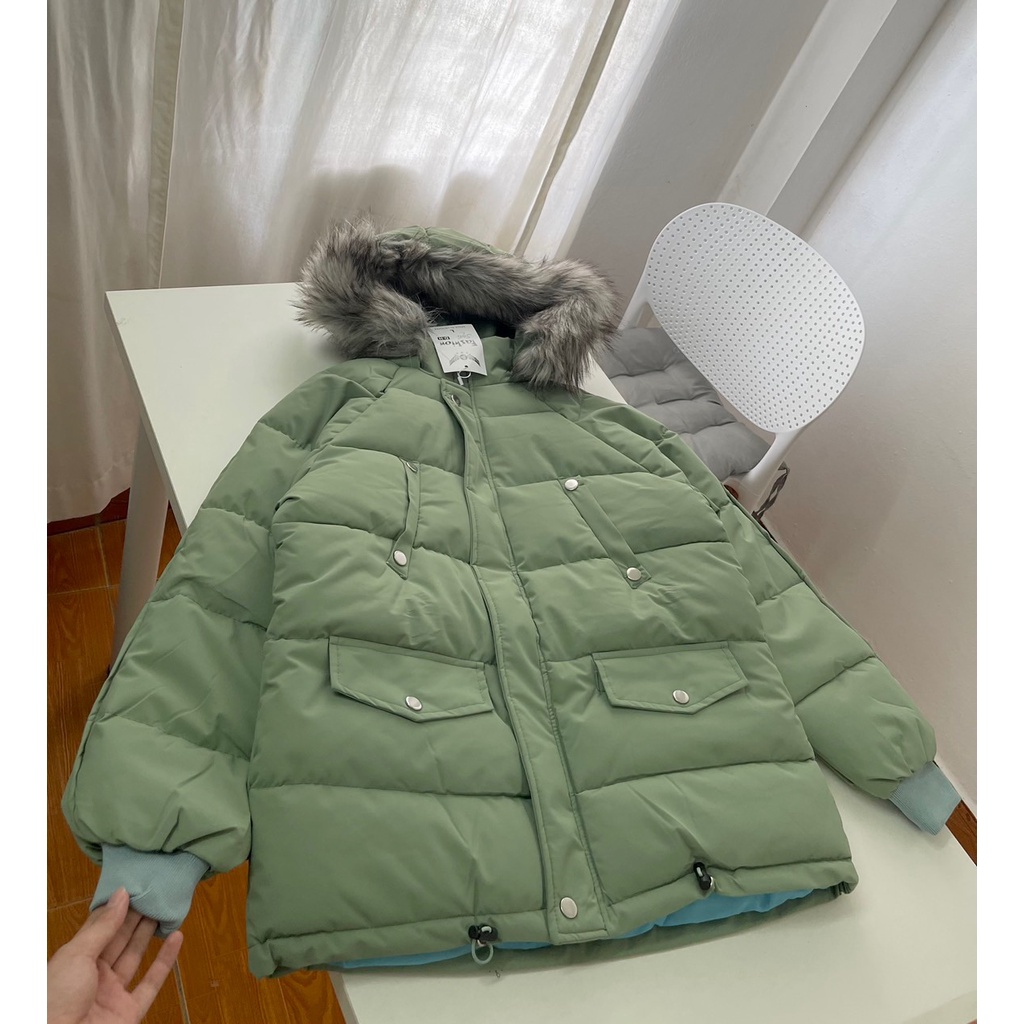 Áo phao béo kèm mũ lông tách rời ba màu xanh đen, xanh dương và xanh lá freesize dưới 70kg - Hàng chuẩn QCCC | BigBuy360 - bigbuy360.vn