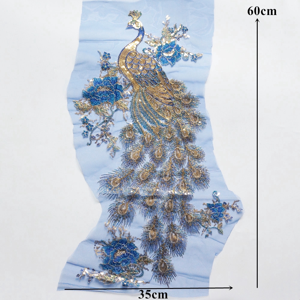 Tấm vải ren thêu hình chim công màu xanh hoàng gia dùng may váy cưới DIY