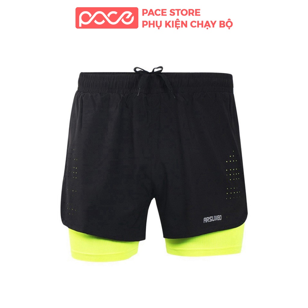 Quần Chạy Bộ Nam ARSUXEO Quần Short 2 Lớp Có Túi Khóa, Thoáng Khí