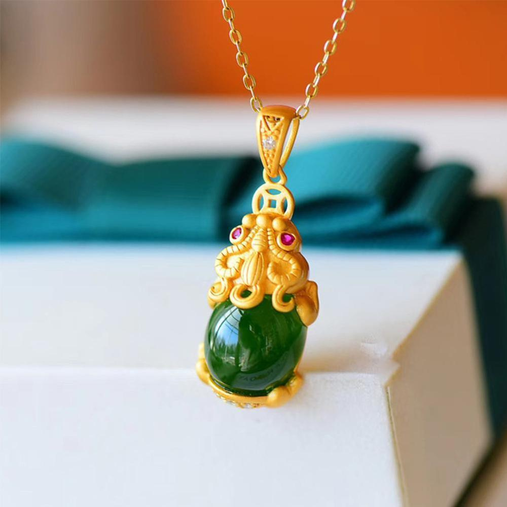 Sand Gold Inlaid Green White Jade PIXIU Pendant Necklace/Charm Good Luck Fortune Sweater Chain/Woman Men Party Birthday Wedding Gift