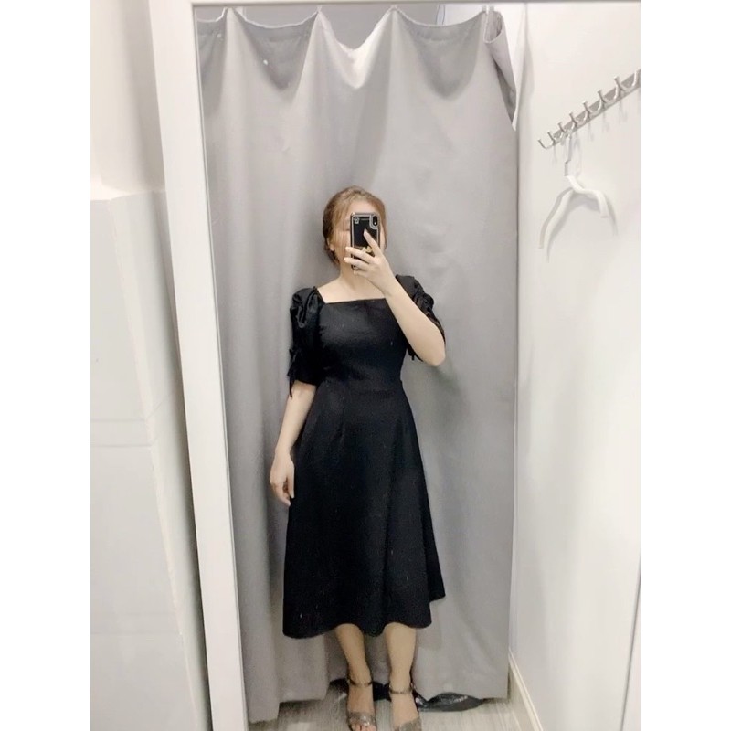Đầm dài 2 lớp cổ vuông tay bánh mì rút nơ - Mama Dress | BigBuy360 - bigbuy360.vn