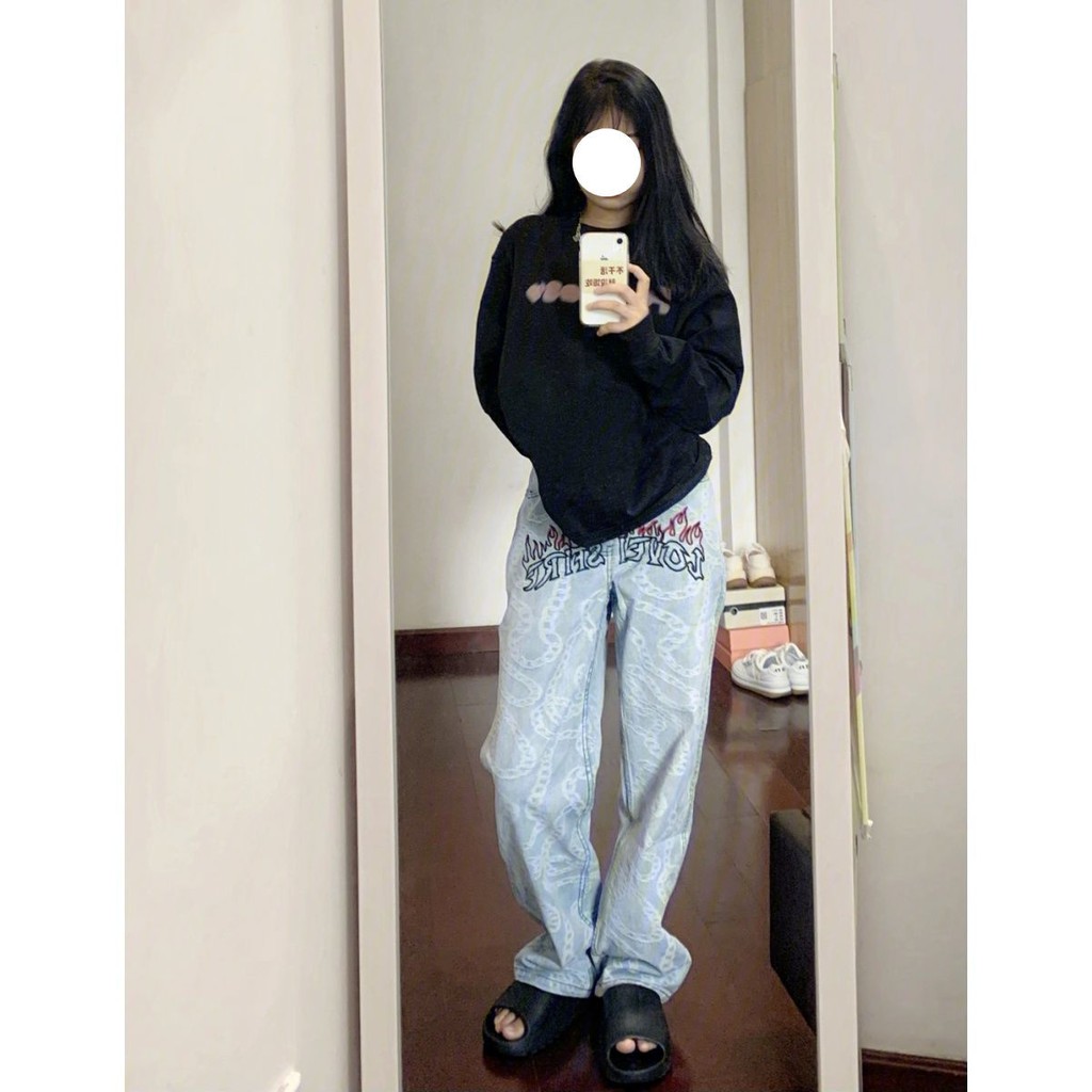 Quần Jeans Ống Suông Thêu Họa Tiết Phong Cách HipHop Âu Mỹ Thời Trang Mùa Thu Cho Nữ