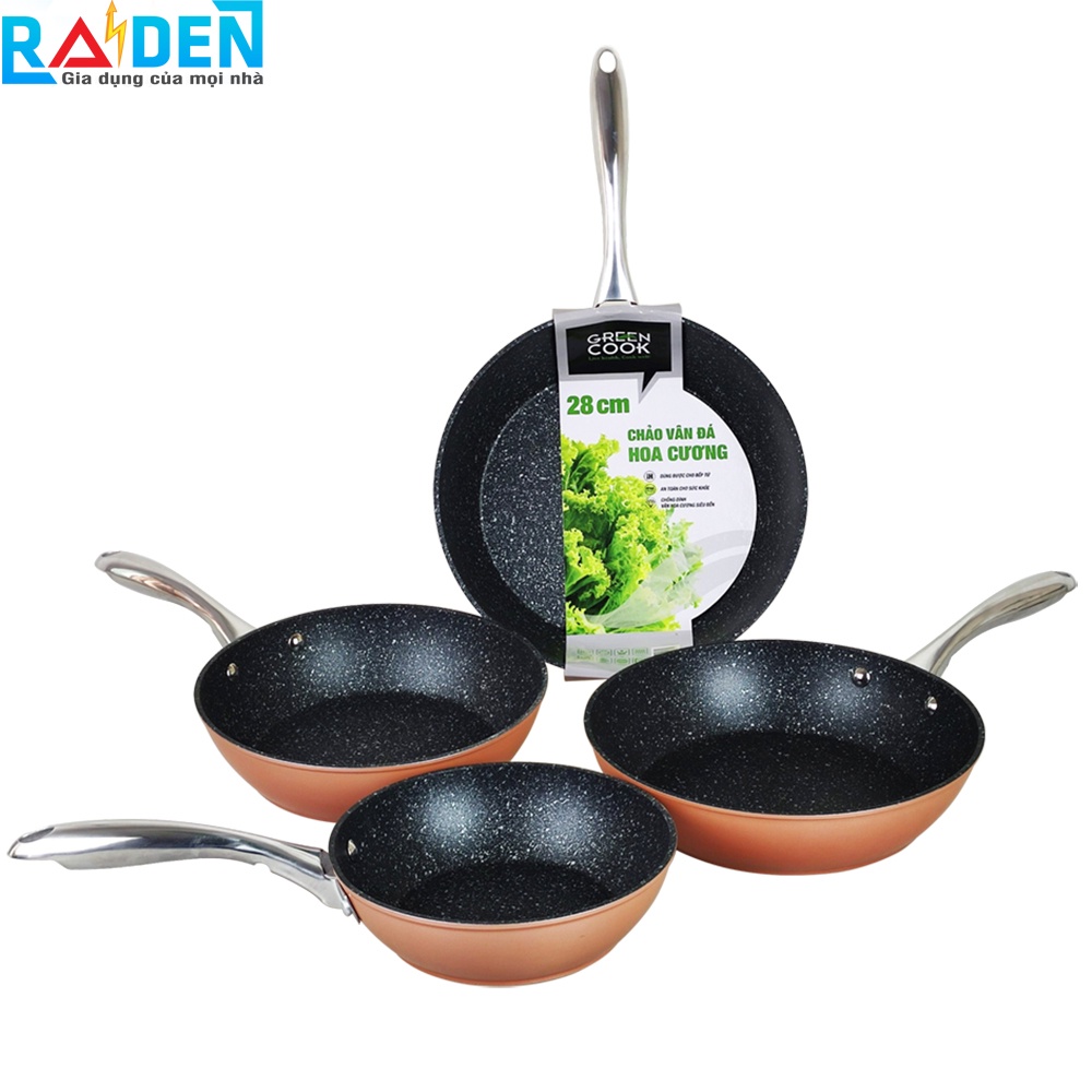 [Chính hãng] Chảo chống dính vân đá hoa cương Greencook GCP08 sử dụng được bếp ga, bếp hồng ngoại, bếp từ