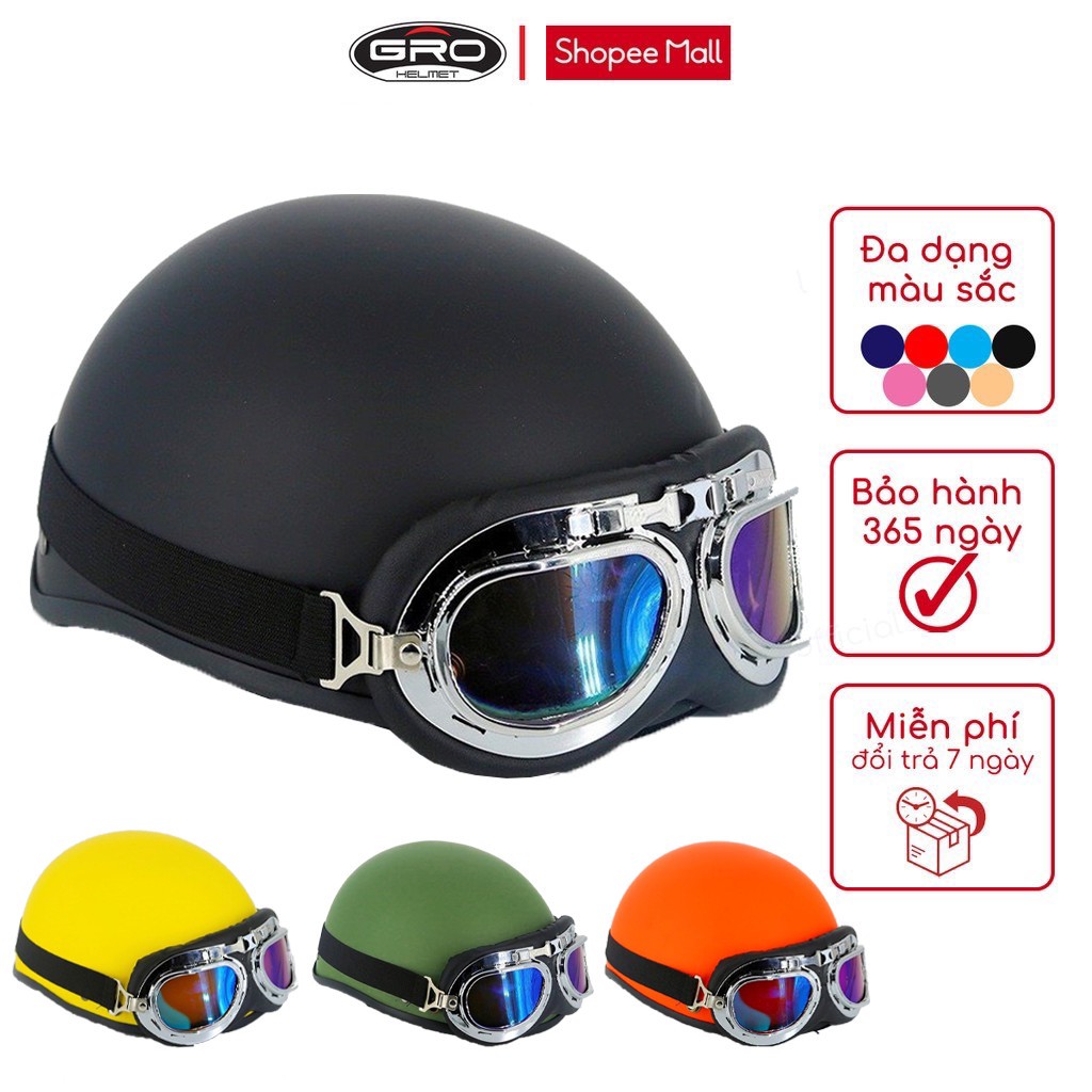 Mũ bảo hiểm phượt nửa đầu Amby Helmet trơn (có kính UV, kính phi công)