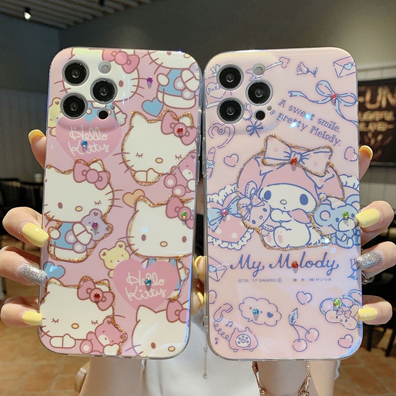 Ốp Điện Thoại Mềm Chống Rơi Họa Tiết Hello Kitty Đính Đá Blu-ray Cho iphone 13 12 11 Pro Max XR X XS XSMAX 7 8 plus 7G 8G