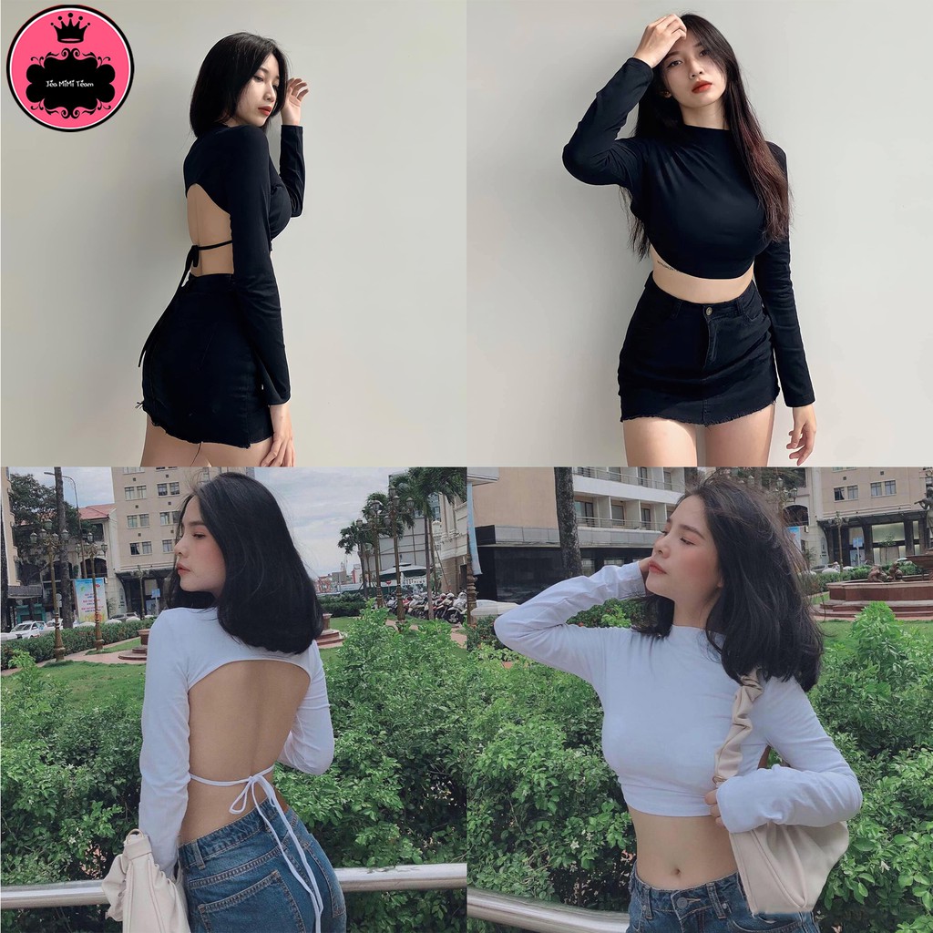 Áo Tay Dài Nữ Hở Lưng Có Mút Ngực Trắng Đen Buộc Dây Chất Thun Lụa Borib "HỞ LƯNG DÀI TAY" | BigBuy360 - bigbuy360.vn