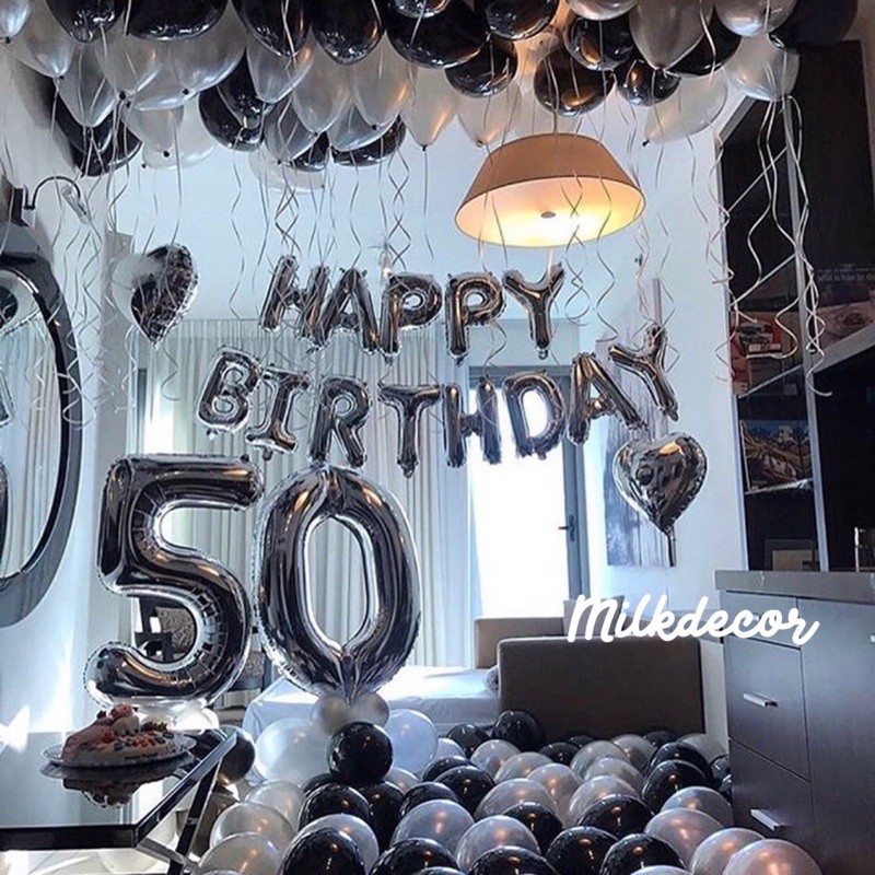Set Bóng Trang Trí Sinh Nhật MS01 Tone Màu Đen Bạc, Tặng Số Tuổi