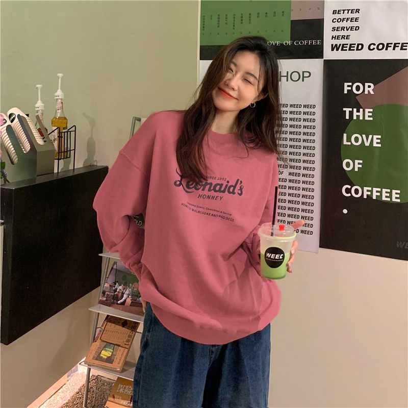 Áo thun sweater SUXI cổ tròn dài tay in chữ phong cách Hàn Quốc cho nữ