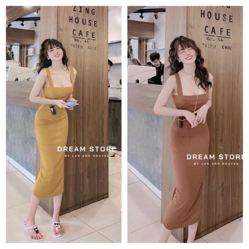 Đầm body hai dây bản to thun gân bozip dáng dài hotgirl