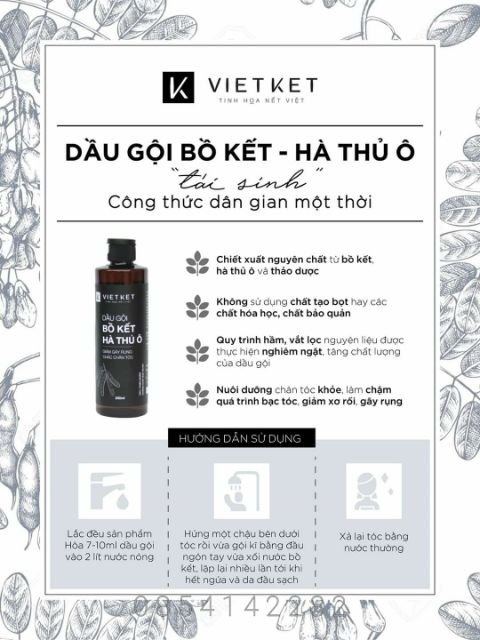 Dầu gội bồ kết - hà thủ ô Vietket [ Tóc khỏe tự nhiên - Đen bóng - Sạch gàu ]