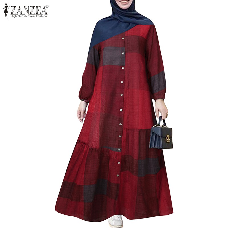 Đầm Sơ Mi ZANZEA Tay Dài Kẻ Sọc Vuông Trẻ Trung Cho Nữ