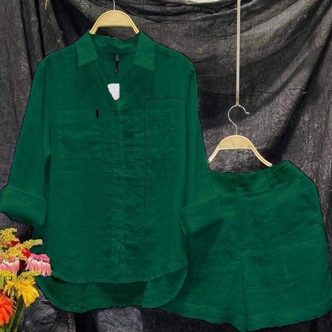 Áo Sơ Mi Nữ Công Sở form rộng Linen Hàn Sét Sơ Mi Gồm Áo và Quần 3 Màu Xanh,Hồng,Cam dài tay đẹp S69