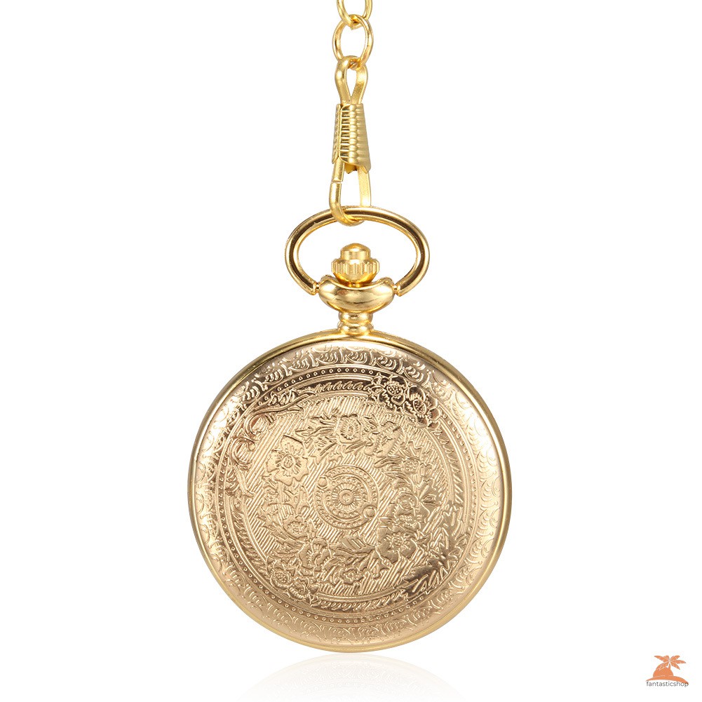 #Đồng hồ bỏ túi# 1pc Men Women Quartz Pocket Watch Golden Carved Pattern Case with Chain