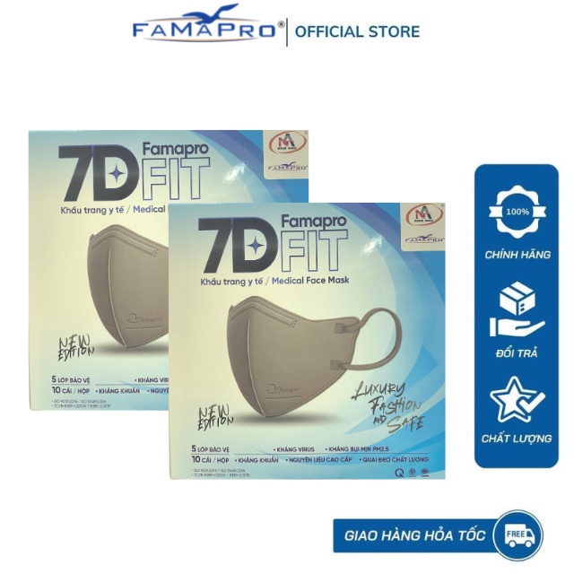 Famapro 7D FIT Combo 2 hộp Khẩu trang y tế cao cấp kháng khuẩn 5 lớp (10 cái/ hộp)