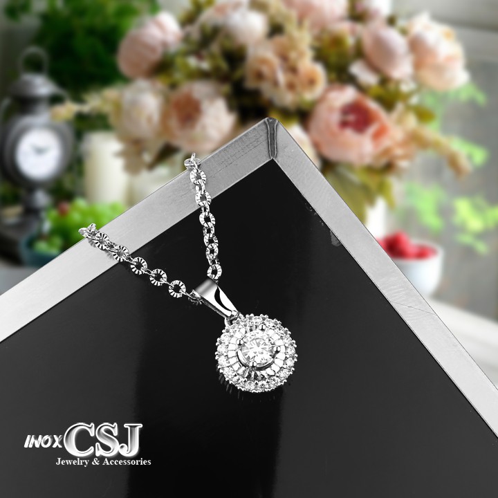 VÒNG CỔ, DÂY CHUYỀN NỮ INOX MẶT ĐÍNH ĐÁ CAO CẤP DC329