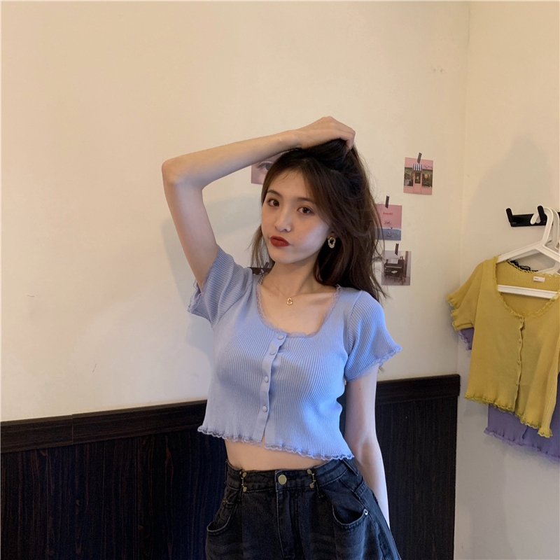 Áo dệt kim SUXI tay ngắn phối ren thời trang phong cách Hàn Quốc