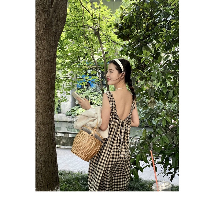 Đầm Dây Rút Xẻ Tà Không Tay Họa Tiết Sọc Caro Phong Cách Hàn Quốc Thời Trang