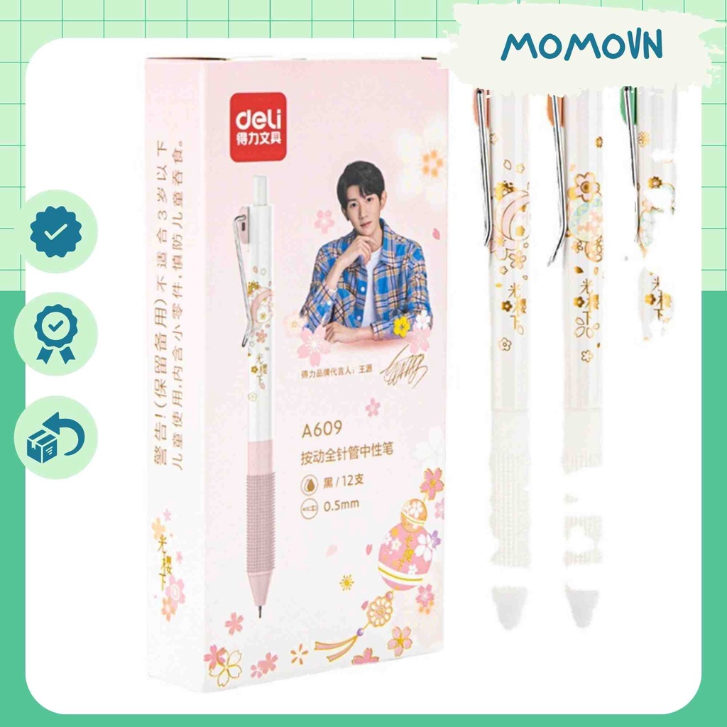 Bút bi bấm văn phòng dạng gel ngòi 0.5mm Deli có đệm chống đau tay A609