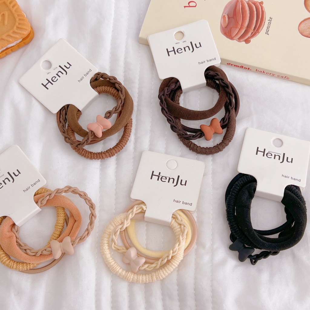 Set 4 Dây Cột Tóc Cao Su Co Giãn Đính Nơ Đơn Giản Phong Cách Hàn Quốc
