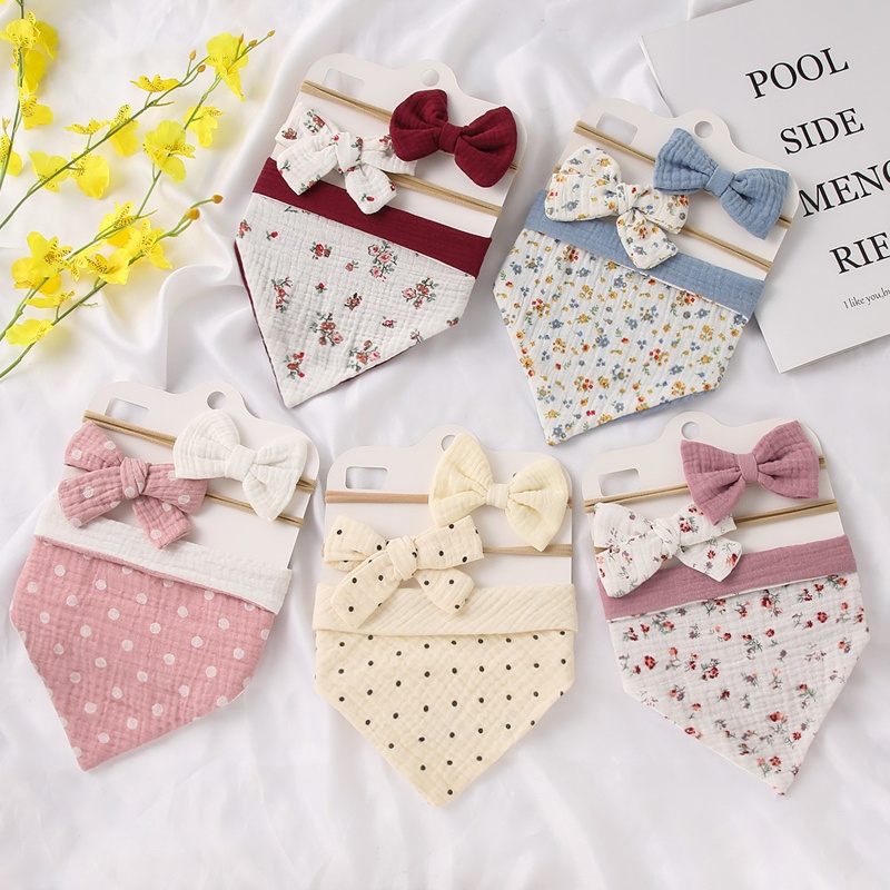 ✿ Bộ Yếm Ăn Và Băng Đô Bằng Vải Cotton Cài Nút Có Thể Điều Chỉnh Kích Thước Unisex Cho Bé