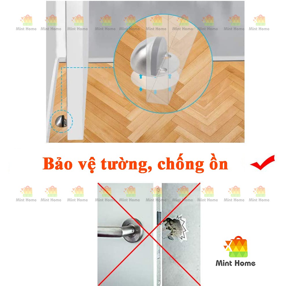 Chặn cửa bán nguyệt inox siêu hít nam châm chống va đập, ồn thông minh cho bé gắn sàn kèm miếng dán tường 3M, đồ ốc vít