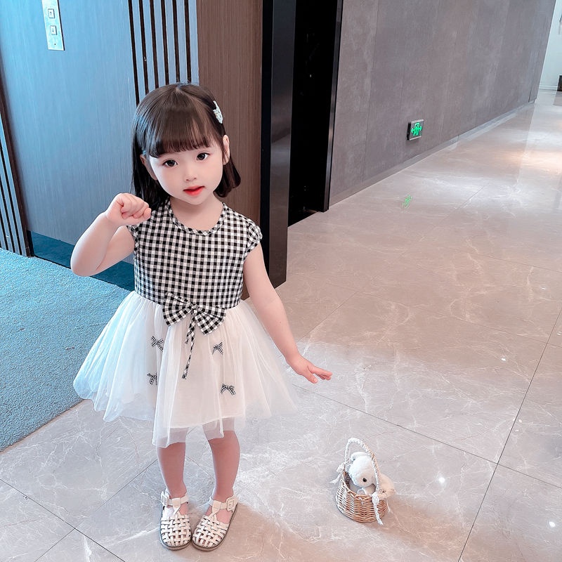 Đầm Công Chúa Tay Ngắn Phối Lưới Nơ Họa Tiết Sọc Caro Thời Trang Mùa Hè Hàn Quốc 2022 Mới Cho