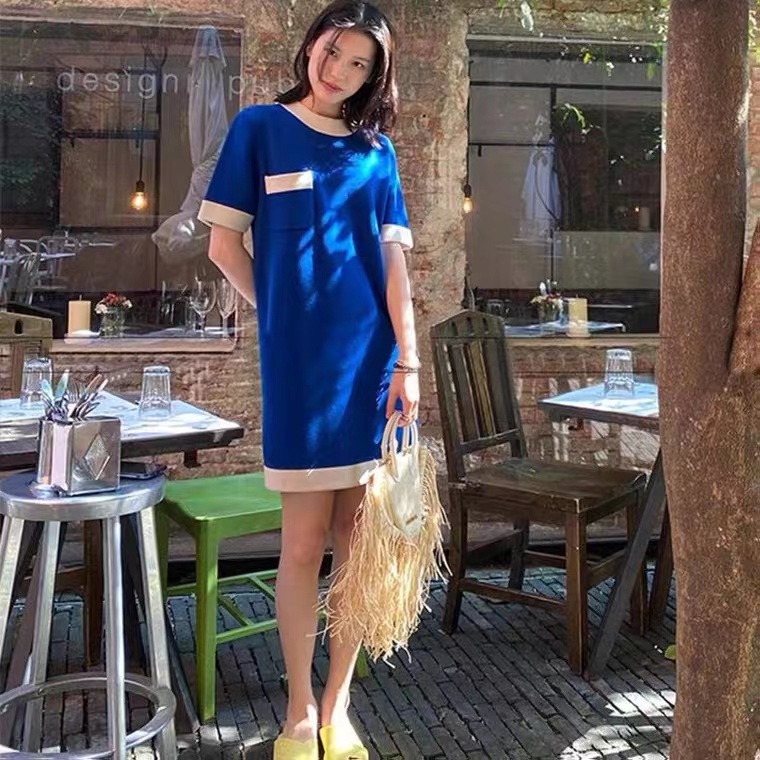 SUXI Đầm Dệt Kim Tay Ngắn Cổ Tròn Thiết Kế Đơn Giản Phong Cách Vintage