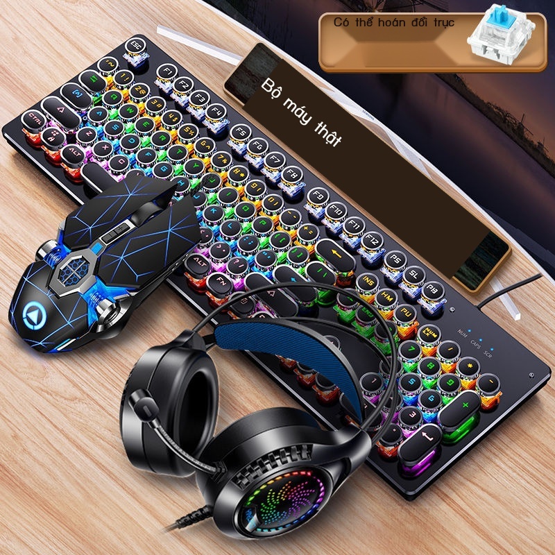 ◆﹍ஐRetro punk bàn phím cơ thực tế chuột tai nghe bộ ba mảnh trò chơi máy tính game trục đen xanh trà cáp