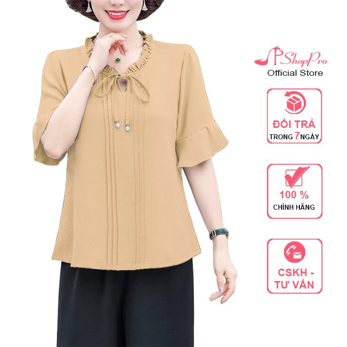 SHOPPRO - Áo kiểu Trung Niên Nữ Kiểu Áo Sơ Mi Xếp Ly Tay Loe Cổ Nhún Bèo Cột Nơ - Thời Trang Trung Niên 3A22 3A15 3A02