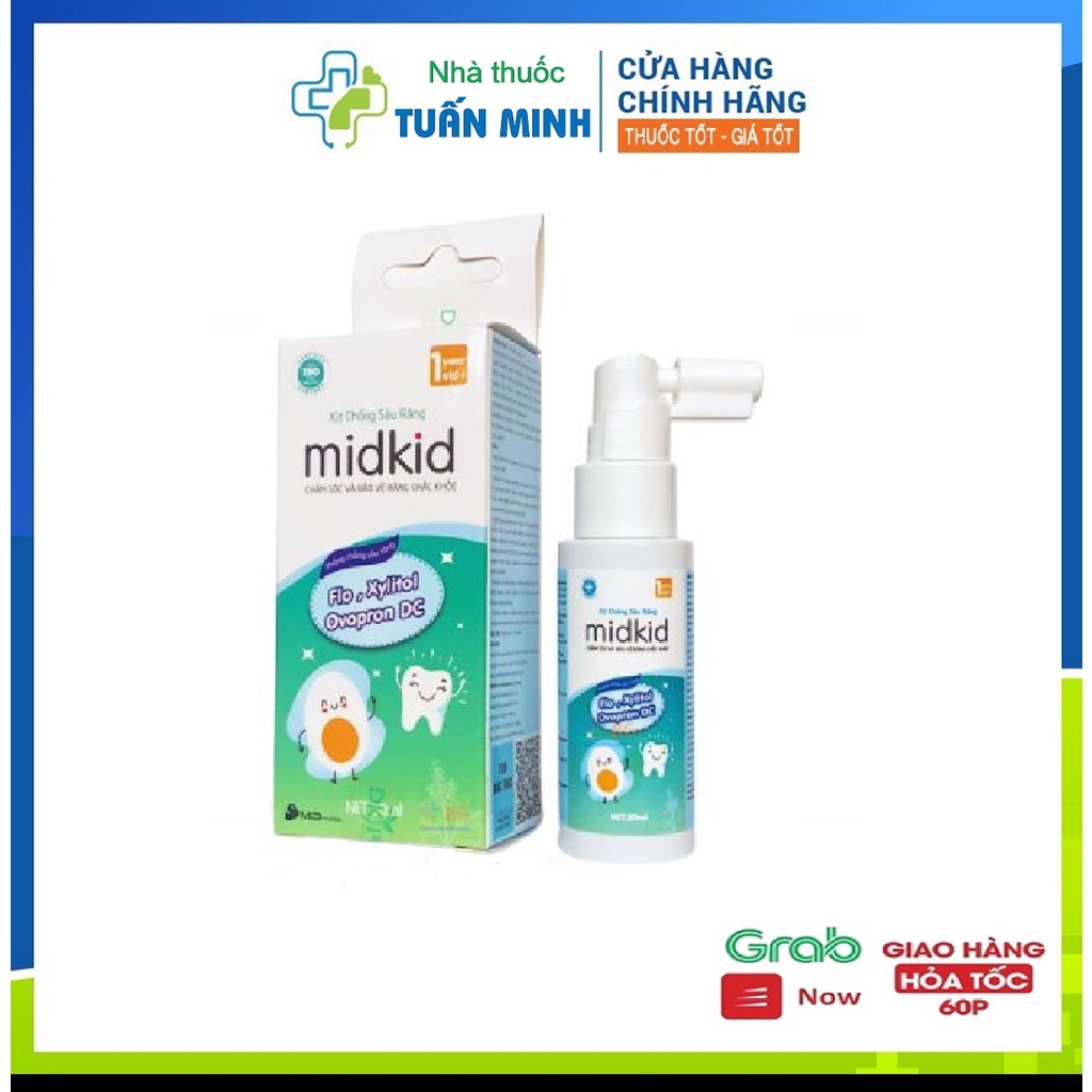 Xịt chống sâu răng Midkid-  dành cho trẻ em từ 1 tuổi, ngăn ngừa mòn men răng, ố vàng, sún răng, viêm lợi (lọ 30ml)