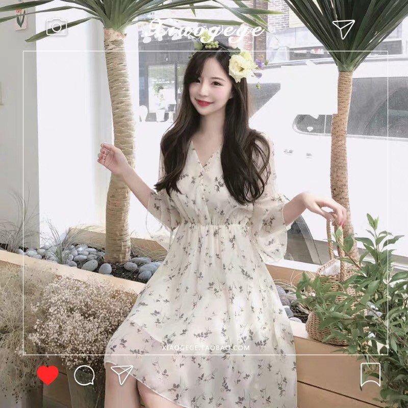 Váy hoa nhí dáng xòe, Đầm vintage tay lỡ chất voan phong cách tiểu thư Hàn Quốc - Roxie