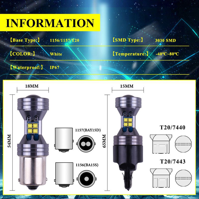 Bóng LED ánh sáng trắng CANBUS 12-24V P21W BAY15D W21W W21/5W 7440 7443 T20 1300Lm 1156 3030 10SMD gắn đèn xi nhan ô tô