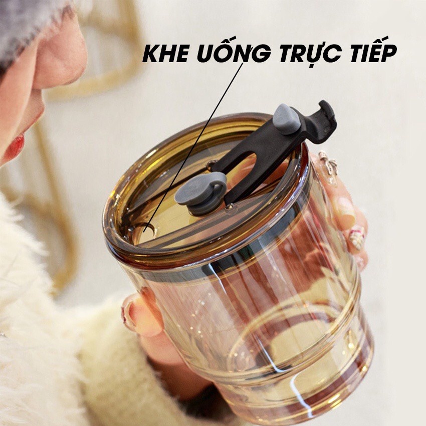 [ Hàng Loại 1 ] Cốc Thủy Tinh Bọc Da Sang Trọng 450ML - TẶNG Kèm Ống Hút Và Nắp Chống Tràn