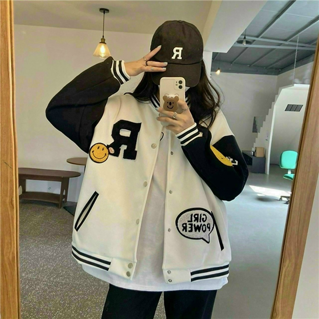 Áo bomber𝗙𝗥𝗘𝗘𝗦𝗛𝗜𝗣 Áo khoác bomber HỒNG AR nam nữ freesize unisex kute hàn quốc dễ thương varsity cao cấp giá rẻ.